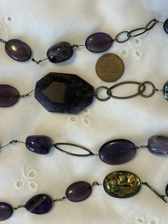 Vintage Genuine Amethyst & Abalone Shells Stones Coldwater Creek Necklace / Belt